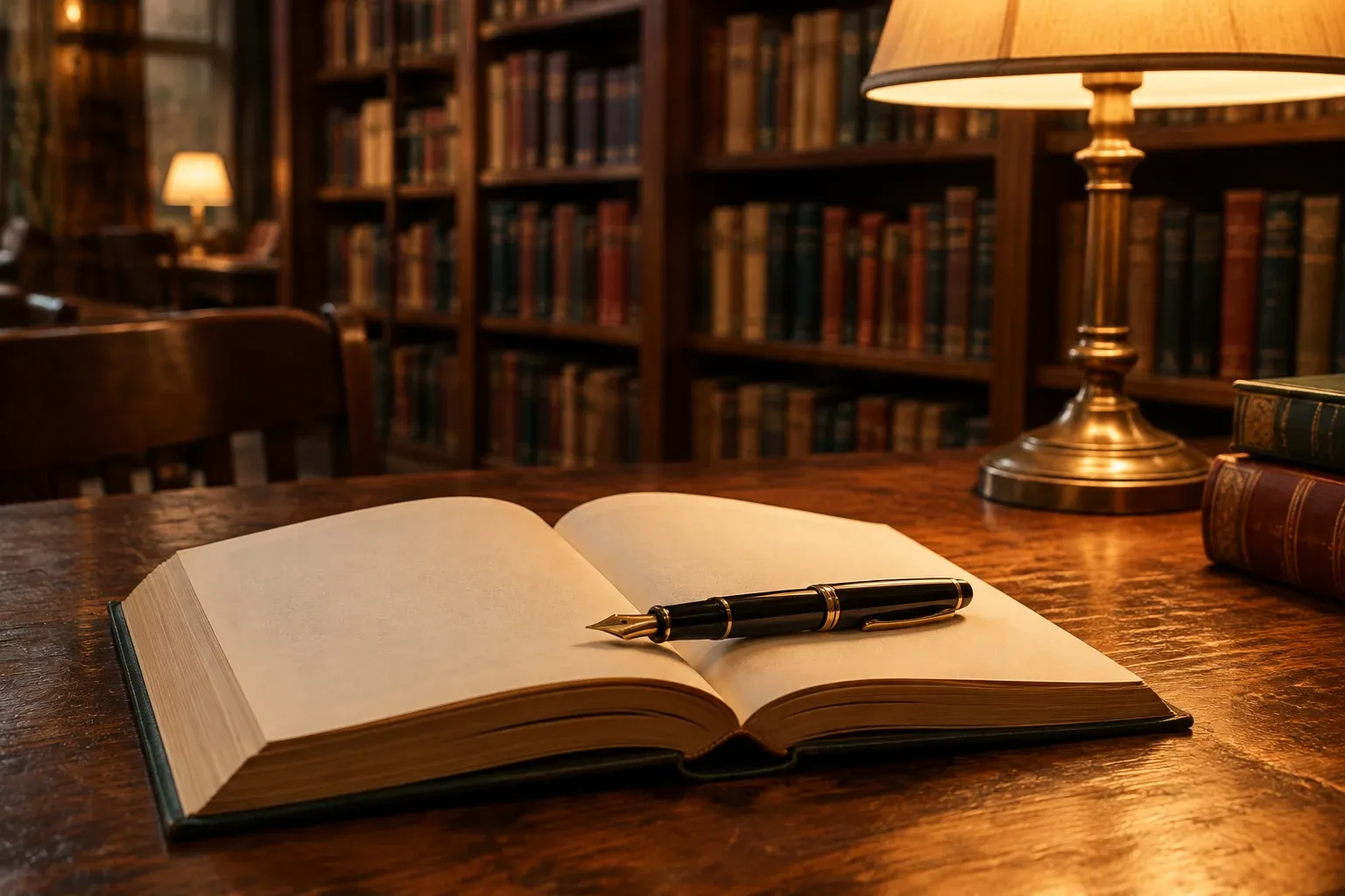Libro aperto su tavolo di legno con penna stilografica, lampada accesa, scaffali sullo sfondo