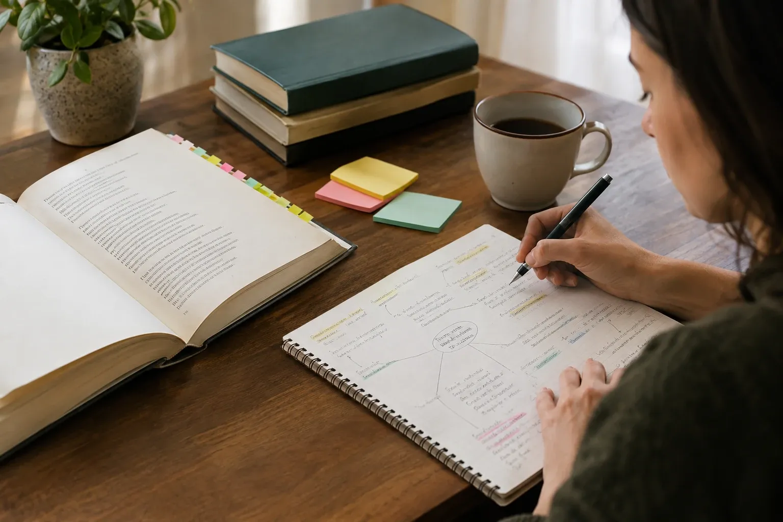 Persona che prende appunti su quaderno accanto a libro aperto, tazze e post‑it sul tavolo