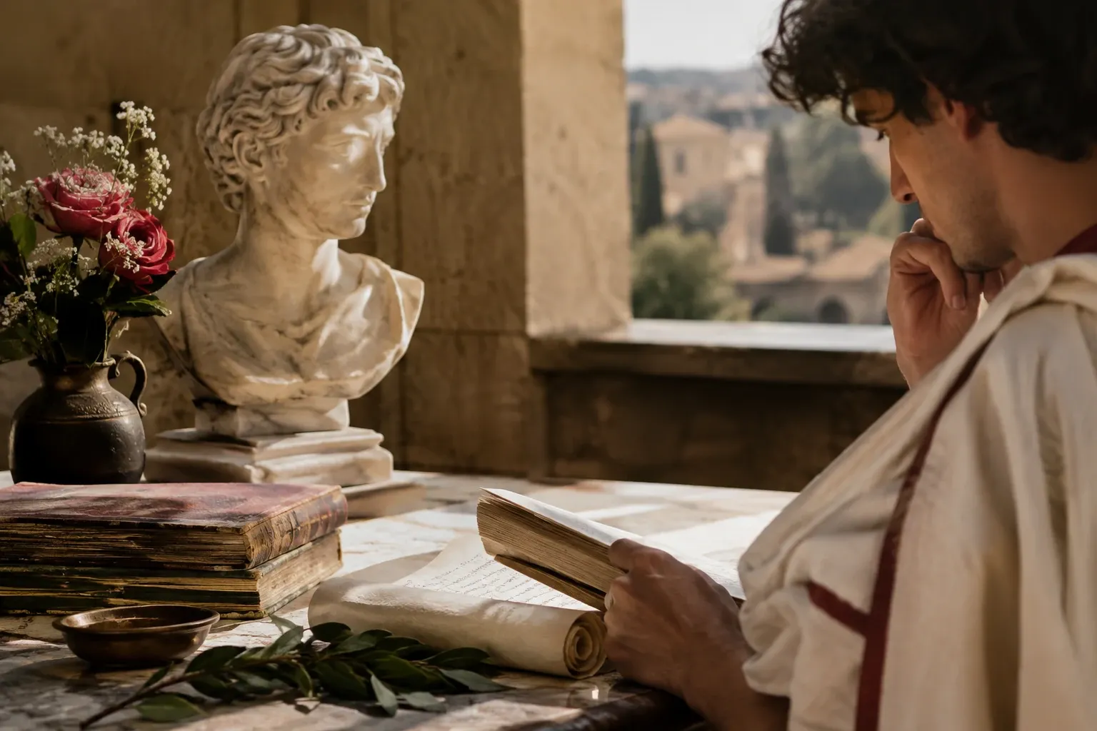 Uomo in tunica legge un rotolo sul tavolo con busto, libri e fiori