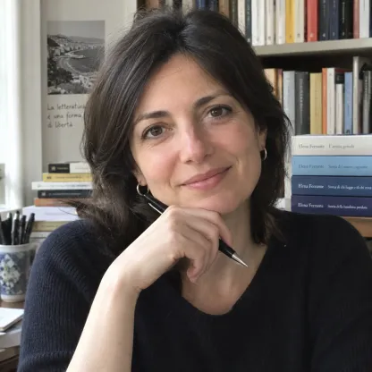Ritratto illustrato di Chiara Ferrante, redattrice di Quaderno Aperto, con una penna in mano accanto a una pila di libri.