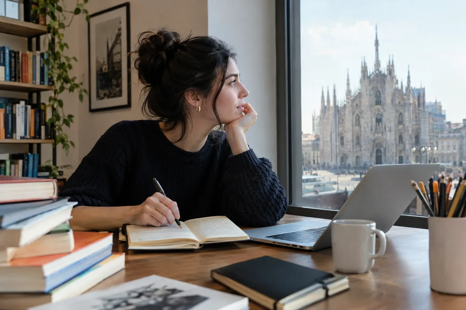 Donna seduta al tavolo con quaderno e laptop, Duomo di Milano fuori dalla finestra