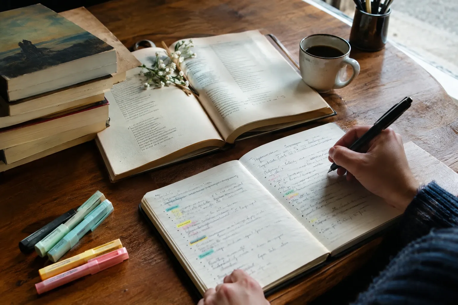 Mano che scrive appunti su taccuino, libri aperti, evidenziatori e tazza di caffè sul tavolo