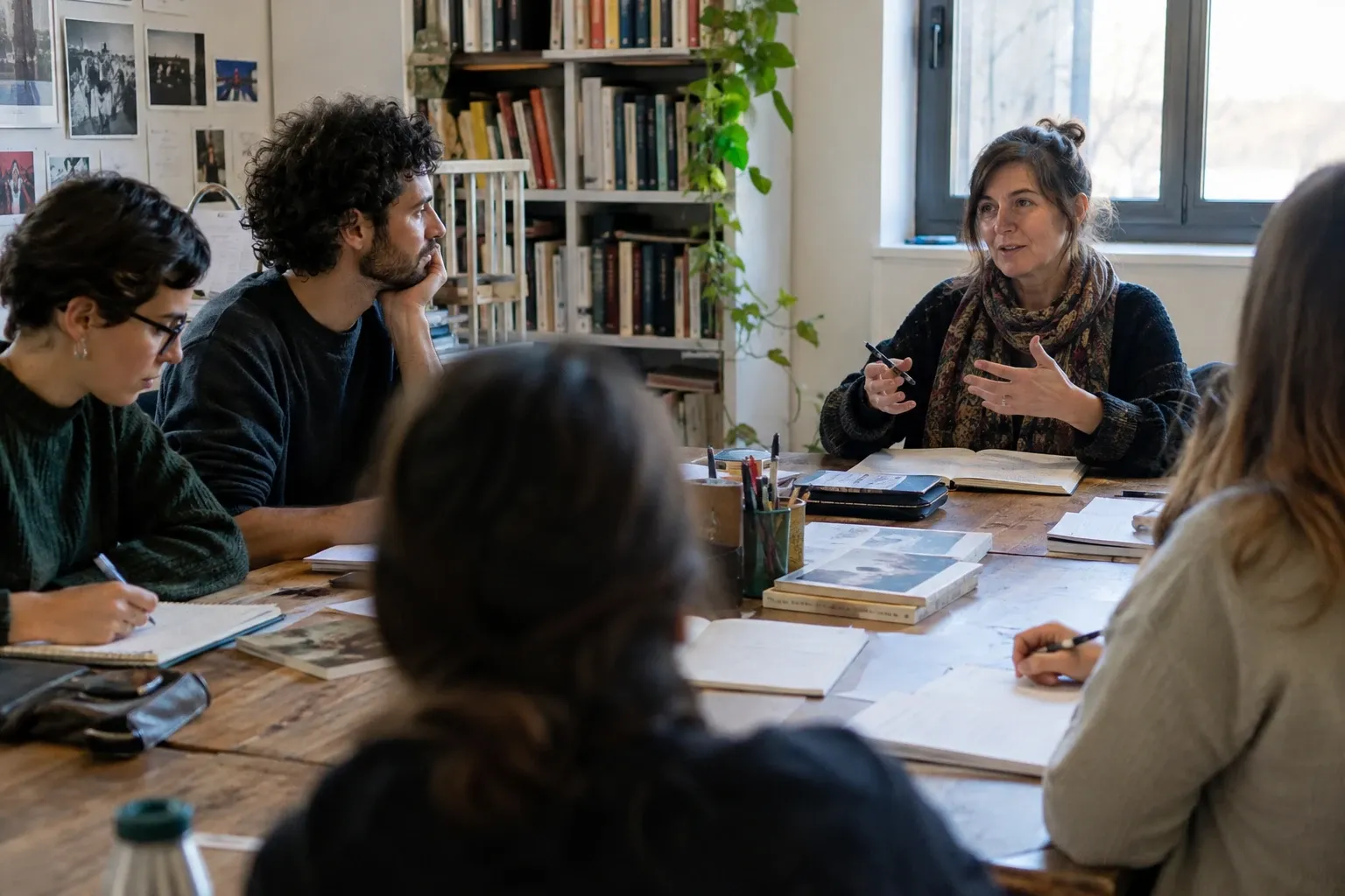 Donna che guida laboratorio di poesia con partecipanti attenti intorno a tavolo, libri e quaderni