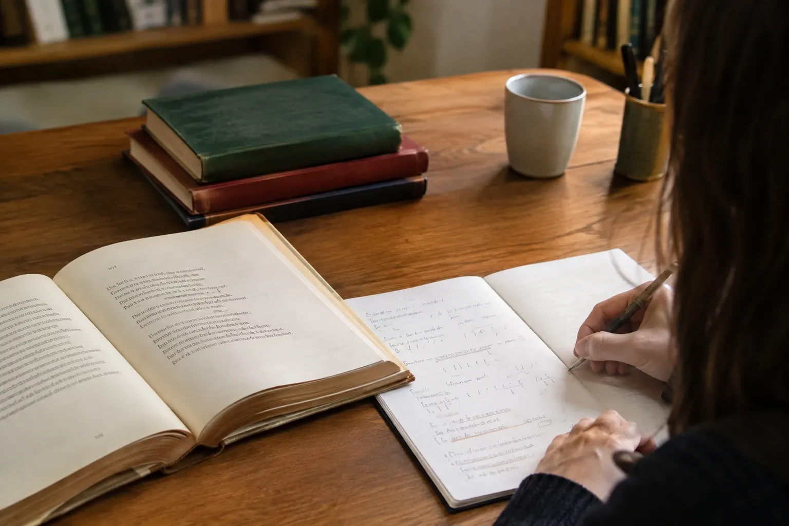 Persona che scrive appunti metrico‑analitici accanto a libro aperto e tazza sul tavolo