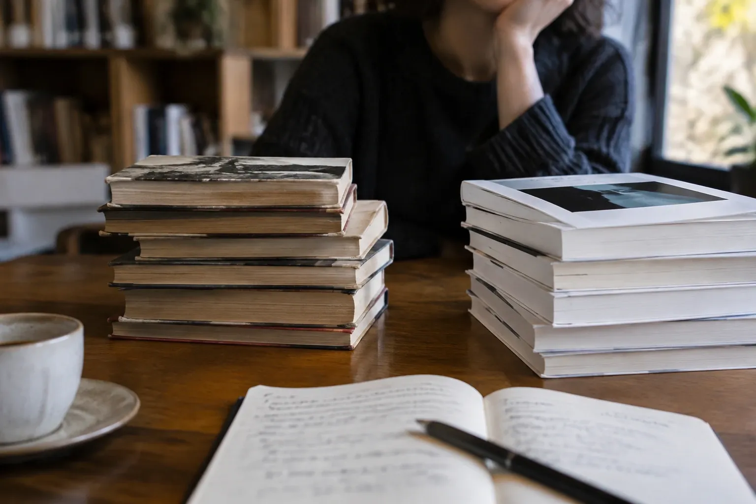 Persona seduta dietro due pile di libri e taccuino aperto con penna