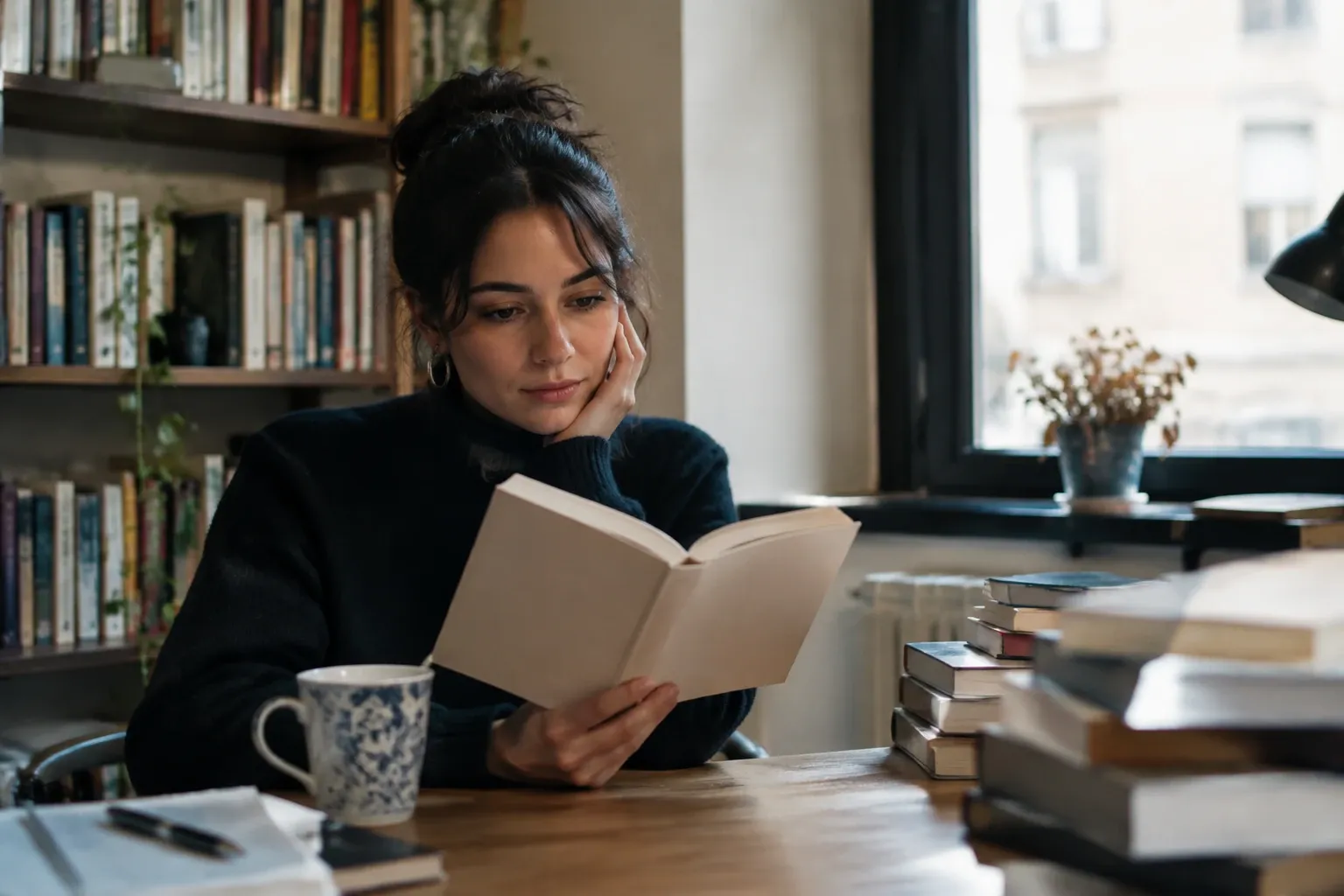 Donna seduta a tavolo che legge un libro in biblioteca luminosa, tazza accanto