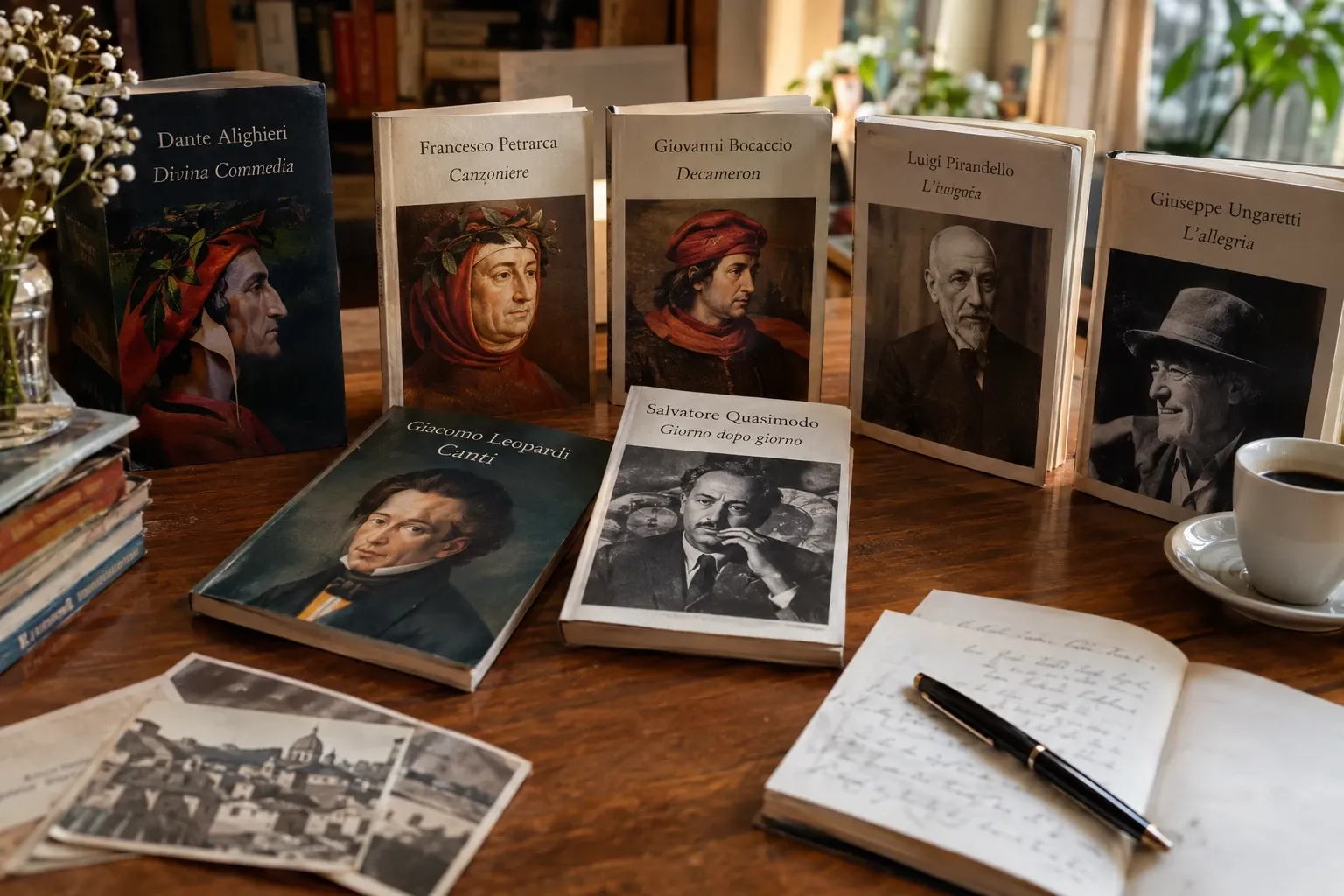 Libri di poeti italiani classici su tavolo di legno con taccuino e una tazza di caffè