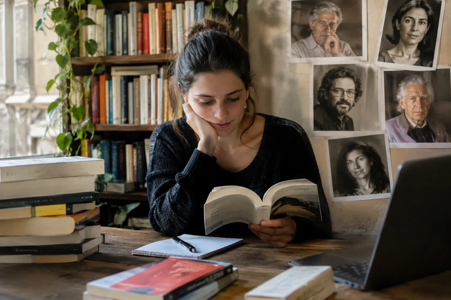 Donna seduta che legge un libro, tavolo con appunti, scaffale e ritratti di scrittori