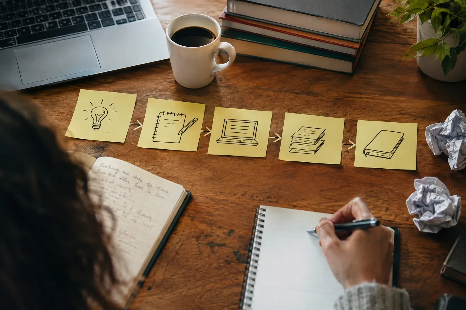 Mano che scrive sul taccuino, post‑it con ideazione, bozze, computer, revisione, libro sul tavolo