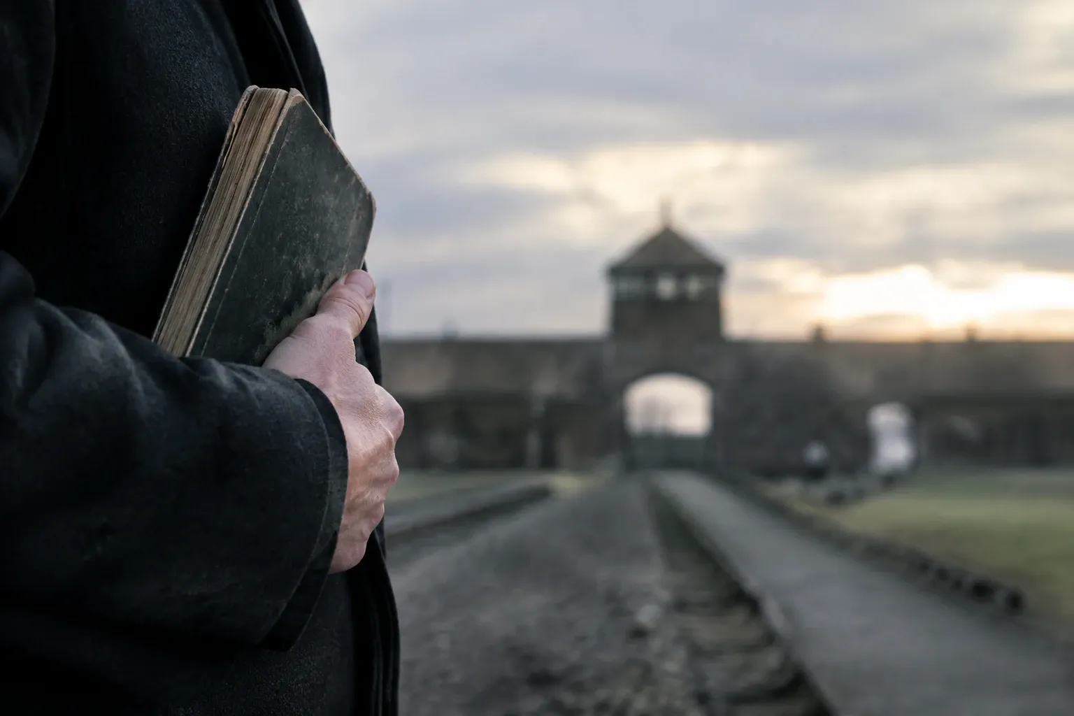 Persona con libro antico in mano davanti al cancello di un campo al tramonto